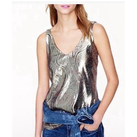 EUC J.Crew Metallic Brocade Tank Top Gold Burgundy Sleeveless V-Neck Women’s 2 - Picture 3 of 8